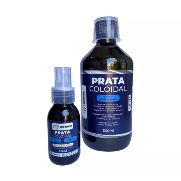 Kit com 1 Prata coloidal New Quantic Frequenciada 500ml + 1 Prata coloidal New Quantic Frequenciada 60ml com spray